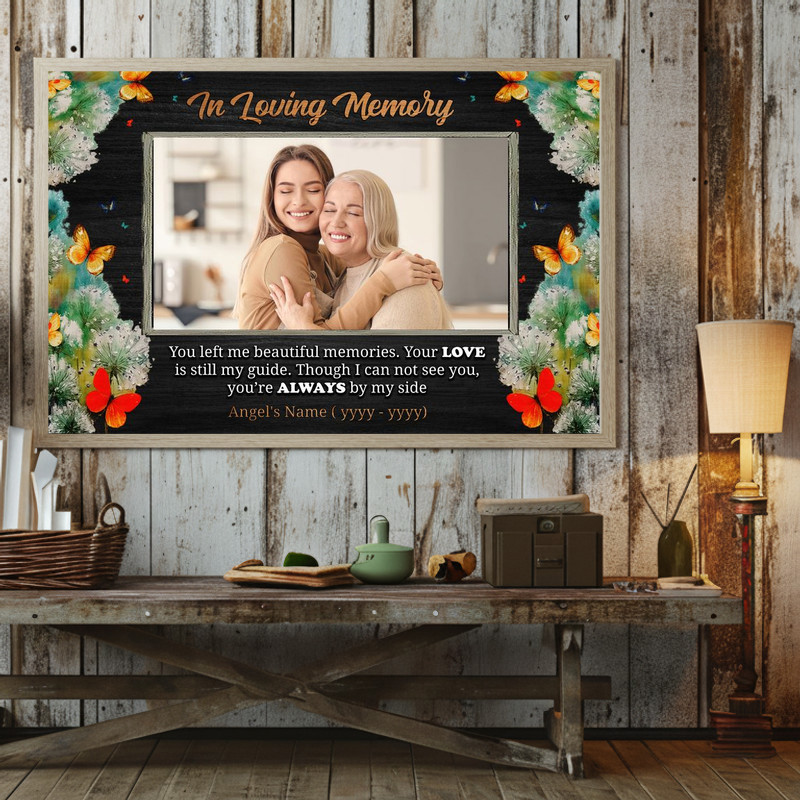 Butterfly memorial canvas wall art photo frame, In Loving Memory text with custom photo, name, dates, sympathy decor