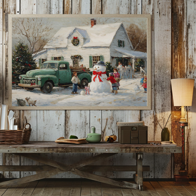 Snowy village scene with green truck Christmas canvas wall art, wide winter cottages with frosted evergreens for entryway