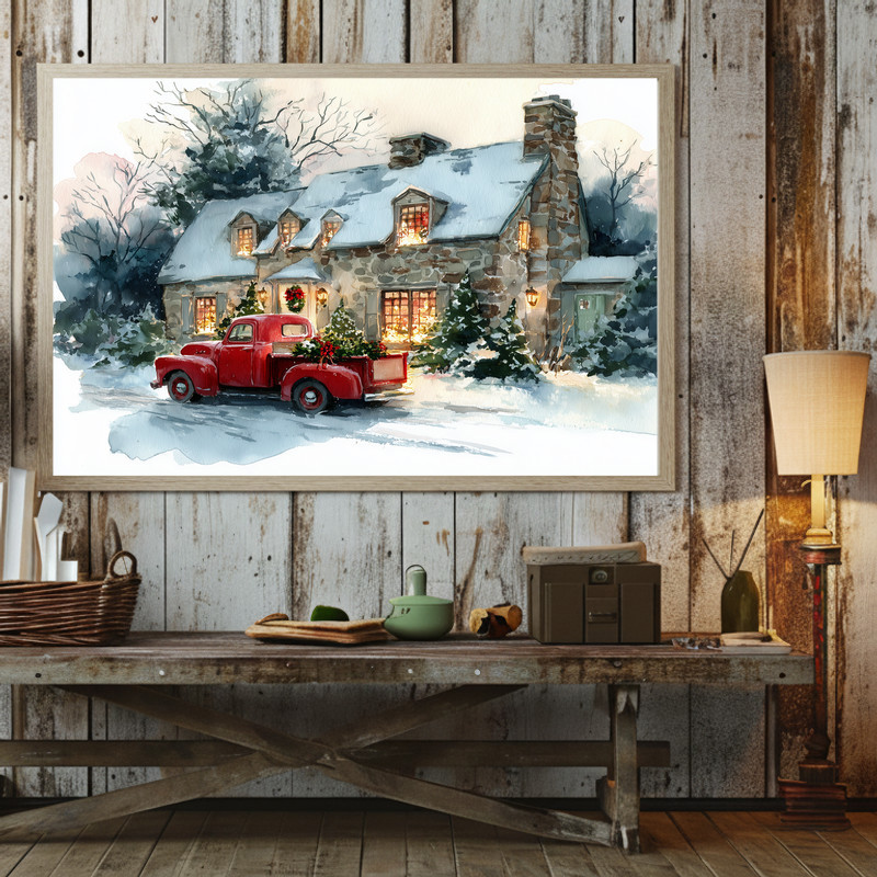 Christmas barn with red truck canvas wall art, daytime snowy farm with wreath and fence, inviting holiday entryway decoration.