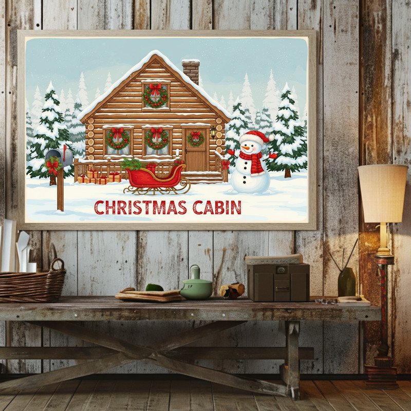 Festive Christmas cabin canvas wall art with red accents amid snowy woods, family-friendly holiday decor for hallways