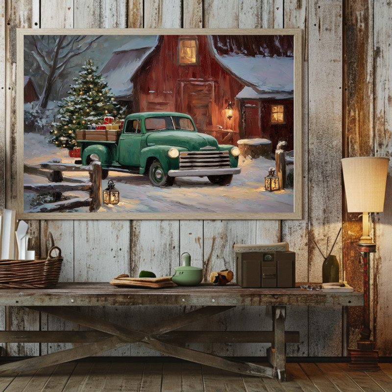 Christmas farmhouse green truck canvas art, entryway holiday wall decor with nostalgic pickup and subtle winter details