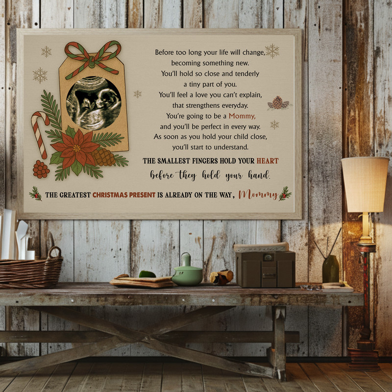 Christmas pregnancy announcement canvas wall art with personalized ultrasound, names and date in modern script, starry night