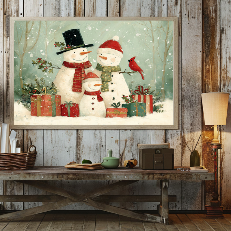 Christmas snowman family in forest canvas wall art, cool winter palette with greens for inviting seasonal hallway decor