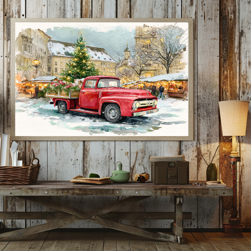 Cozy farmhouse porch canvas wall art highlights red truck and glowing lantern, cheerful holiday entryway wall piece