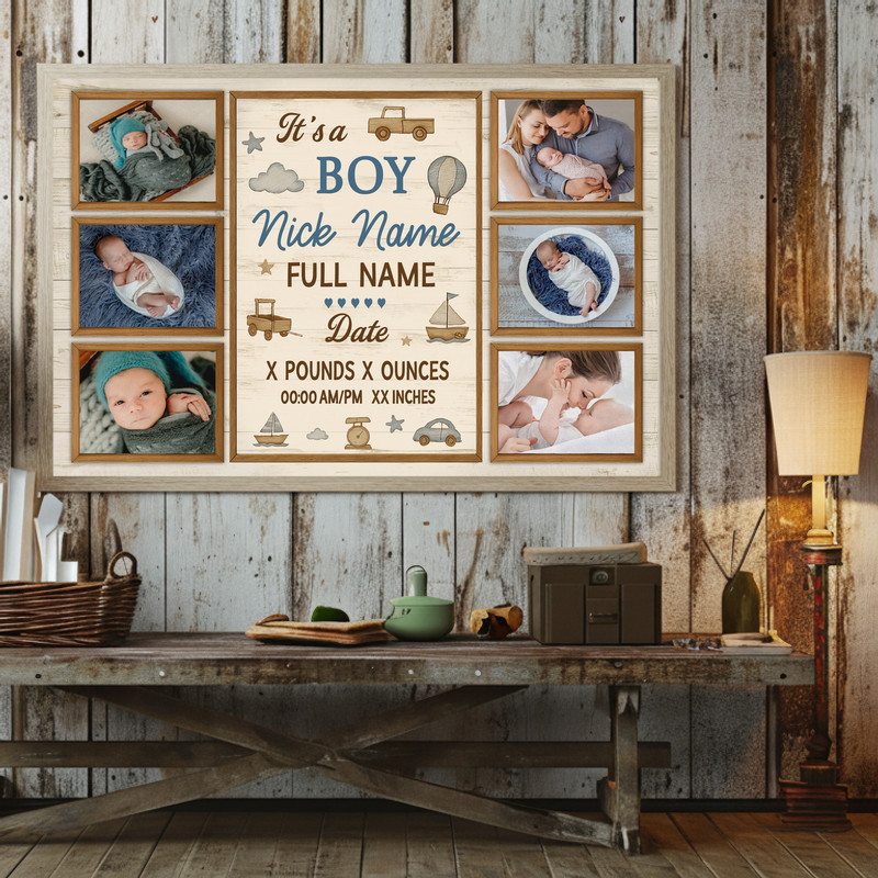 Baby boy photo collage canvas, custom multi-photo keepsake in country farmhouse style, ideal newborn gift for nursery