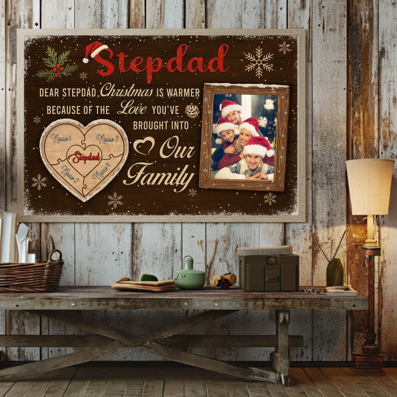 Christmas puzzle photo canvas personalized with kids' names and photo for stepdad, ideal for entryway or mantel display