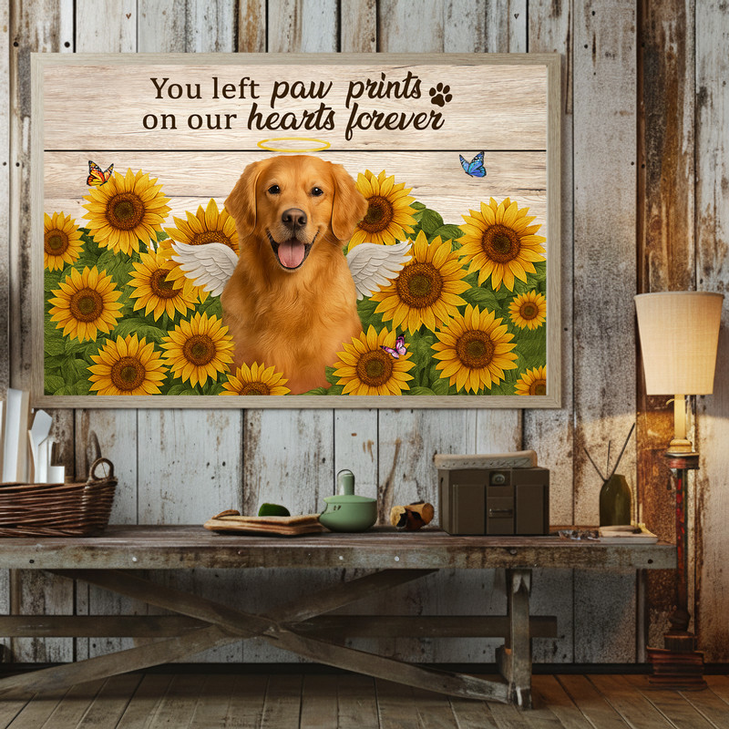 Dog memorial portrait canvas wall art featuring a sunflower bouquet, custom photo and hand-lettered name; thoughtful pet loss gift for dads