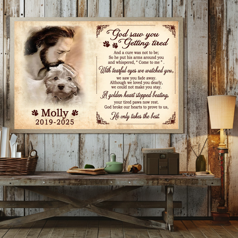 Dog memorial canvas, landscape orientation in warm earth tones; custom photo with Jesus and angel, remembrance wall art