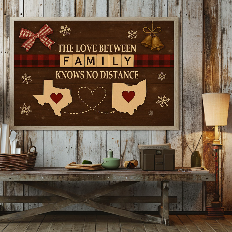 Family Christmas wall art, rustic farmhouse script, personalized with names and dates, long-distance family gift, portrait