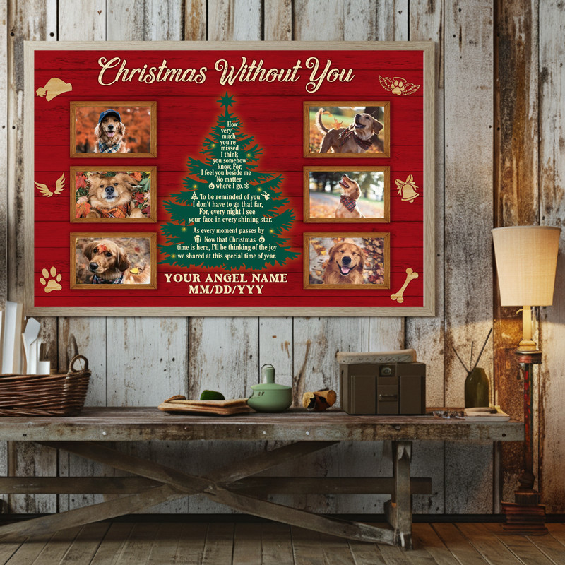 Farmhouse dog memorial canvas, Christmas Without You, custom pet name and years on wood backdrop, holiday gift for a dog mom