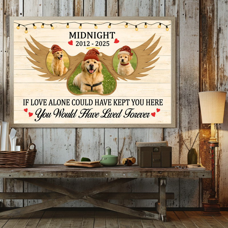 Farmhouse Christmas dog or cat memorial canvas wall art, custom name and year, meaningful sympathy gift for animal lovers