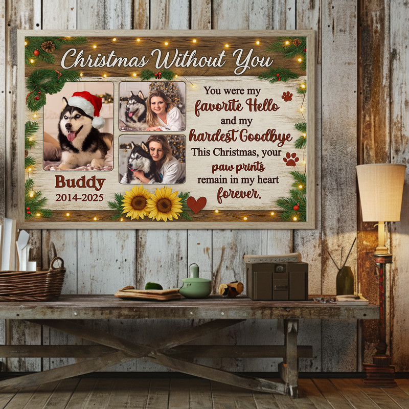 Farmhouse dog memorial canvas wall art photo collage on distressed white shiplap, Christmas remembrance gift for dog owners