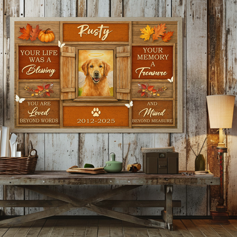 Farmhouse fall dog memorial canvas wall art with burlap texture and paw prints, custom name and dates, gift for dog mom