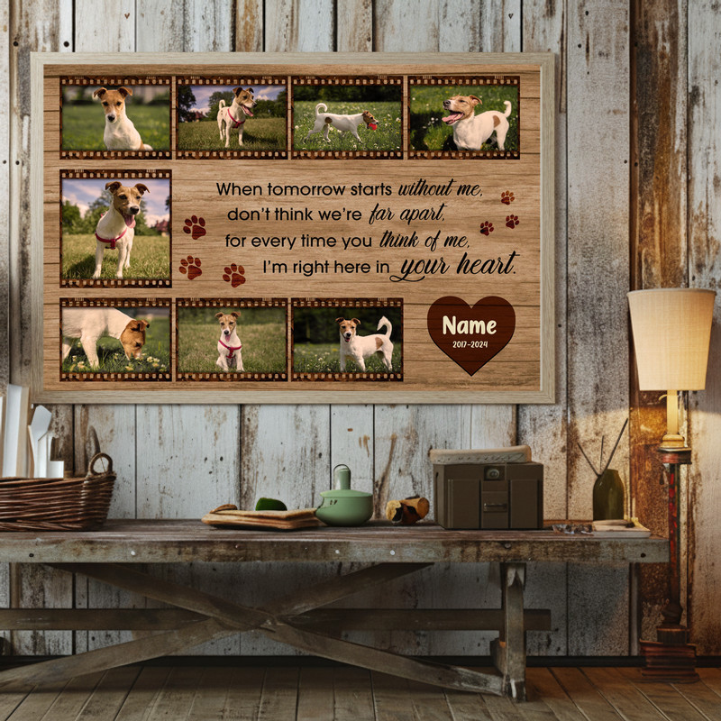 Farmhouse pet memorial canvas wall art, custom dog photo collage with wide film strip frame on horizontal canvas for living room
