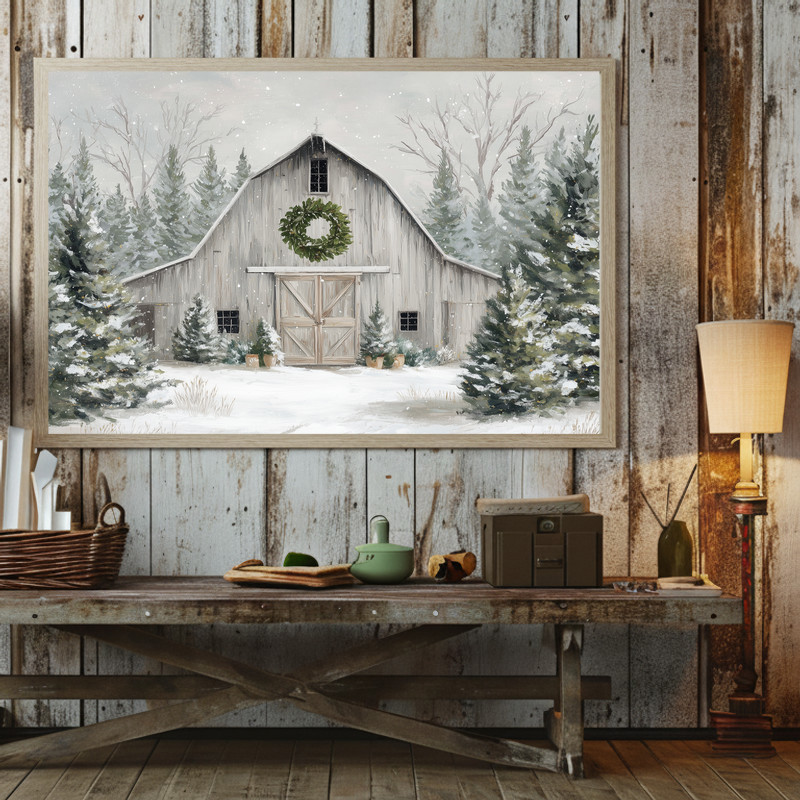 Farmhouse winter charm canvas wall art, countryside barn in peaceful snow, understated winter decor accent for front entry