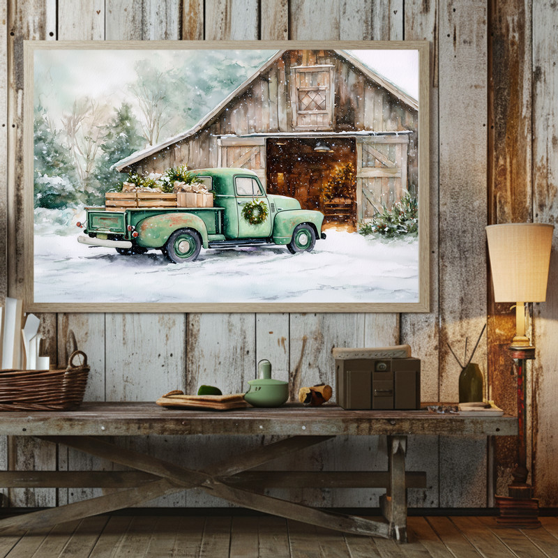 Festive green truck near rustic barn and Christmas tree canvas wall art, night snowfall scene, warm holiday entryway decor Festive green truck near rustic barn and Christmas tree canvas wall art, night snowfall scene, warm holiday entryway decor