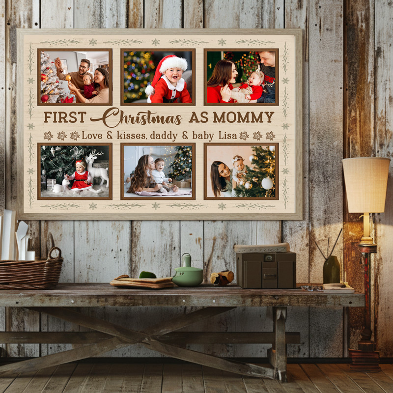 First Christmas as Mommy canvas art, three‑photo horizontal collage with red plaid accents personalized, sweet gift from baby
