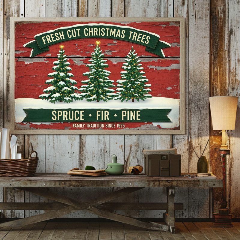Fresh Cut Christmas Trees rustic farmhouse canvas wall art for hallway decor, typographic holiday design with classic tree farm vibe