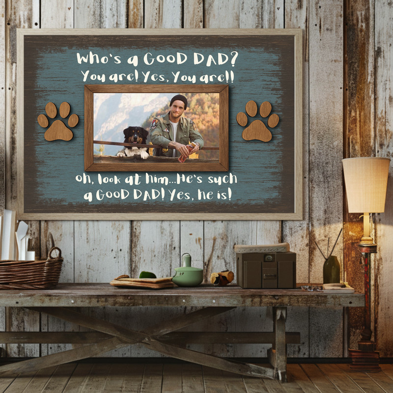 Funny Dog Dad photo frame canvas, personalized with dog photo and name, rustic farmhouse wall art, thoughtful gift from the pups