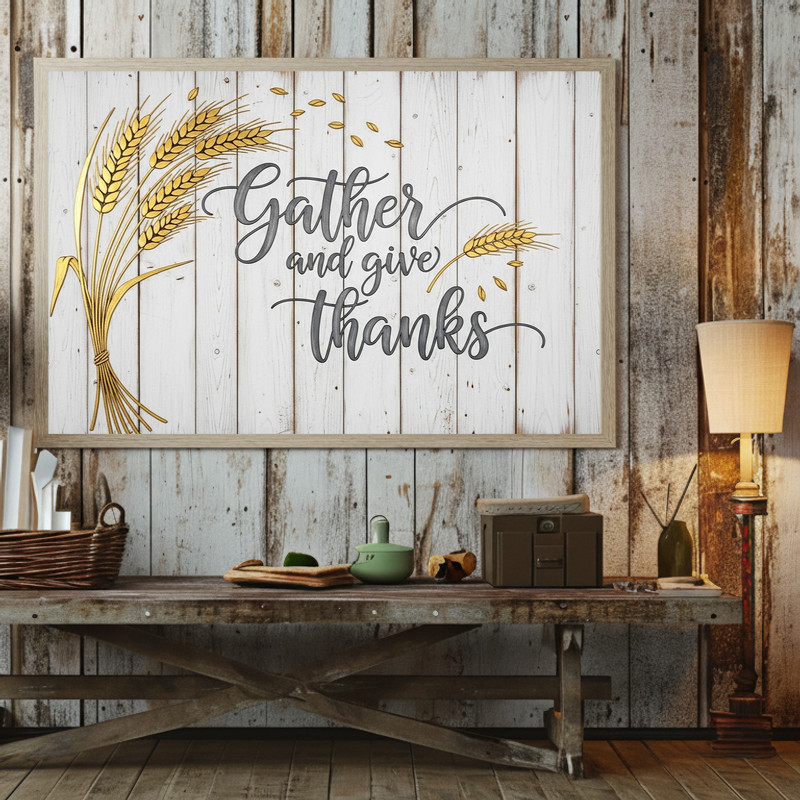 Autumn canvas wall art reading 'Gather and Give Thanks' on whitewashed wood backdrop, cream and taupe tones for hallway