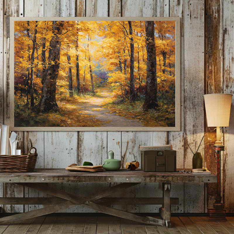 Golden autumn forest path canvas wall art, minimalist rustic fall palette, narrow vertical design tailored for hallway spaces