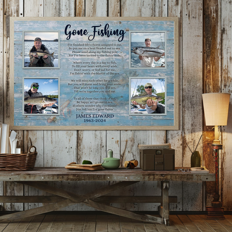 Gone Fishing tribute collage canvas wall art, personalized with photos, name and dates; memorial keepsake for grandpa