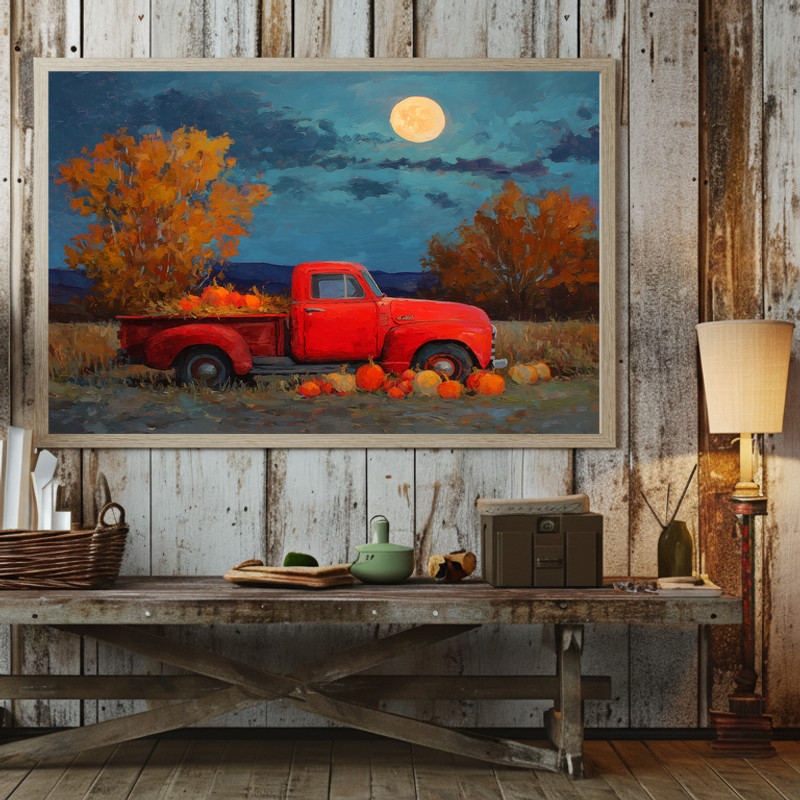 Harvest Moon red truck evening oil painting canvas wall art for entryway, night scene with classic pickup and moonlit glow