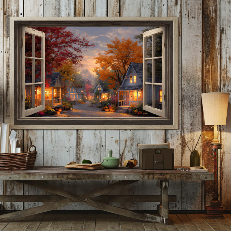 Thanksgiving village scene canvas wall art with window frame effect, harvest and muted fall colors, charming hallway decor