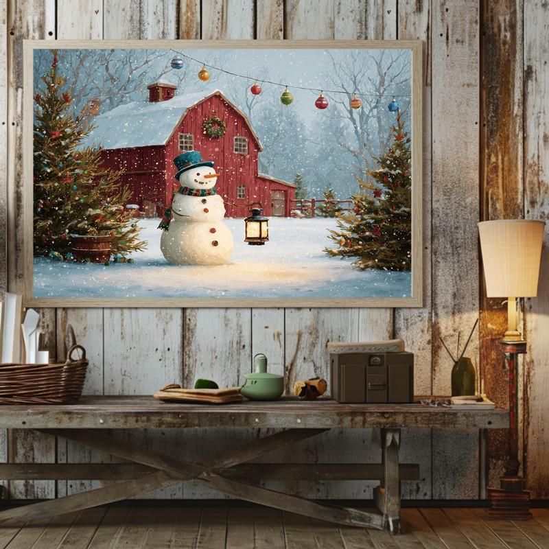 Holiday cheer in snowy barnyard Christmas tree scene canvas wall art, snow covered farm and tree, winter mood for hallway