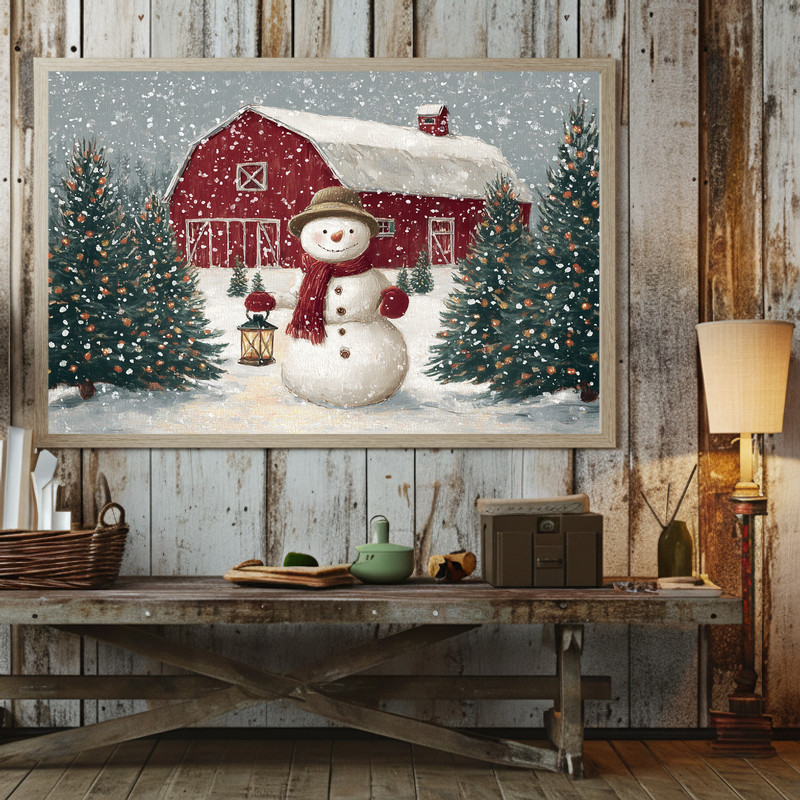 Jolly snowman by lantern canvas wall art, Christmas tree farm vibes, cheerful winter wall decor for hallway, premium canvas.