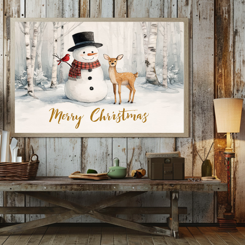 Joyful snowman and reindeer canvas wall art sets a festive tone in hallway decor, showcasing a joyful winter celebration