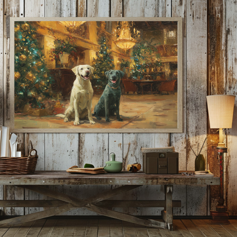 Labradors’ Christmas Delight canvas wall art in whimsical style, festive hall scene with Labradors for hallway decor