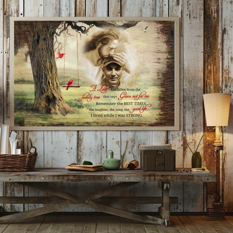 Sympathy memorial canvas wall art, A Limb Has Fallen poem with cardinals; thoughtful bereavement gift customized with name