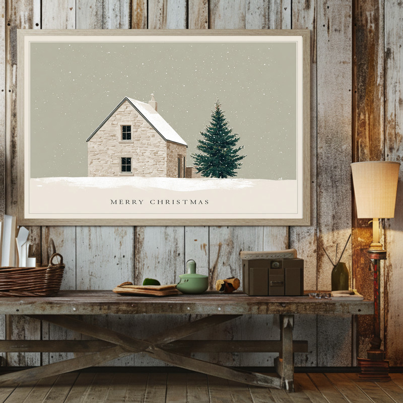 Christmas canvas wall art of snowy pine beside a cozy cottage at dusk, landscape orientation, perfect for hallway