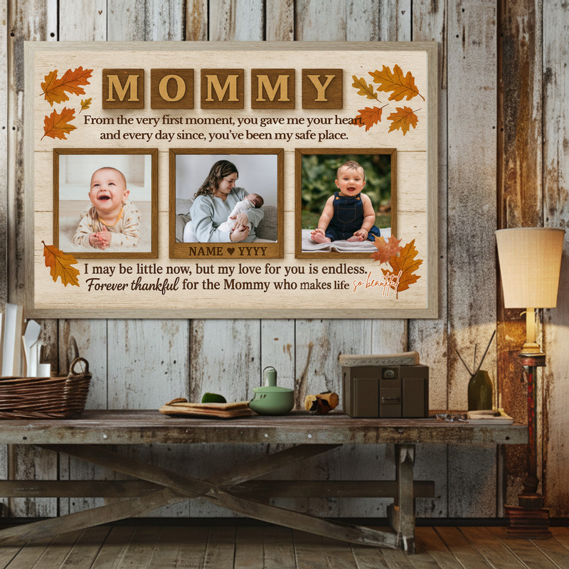 Thanksgiving photo collage canvas for first-time mom, custom photos and date, classic black background, square wall art