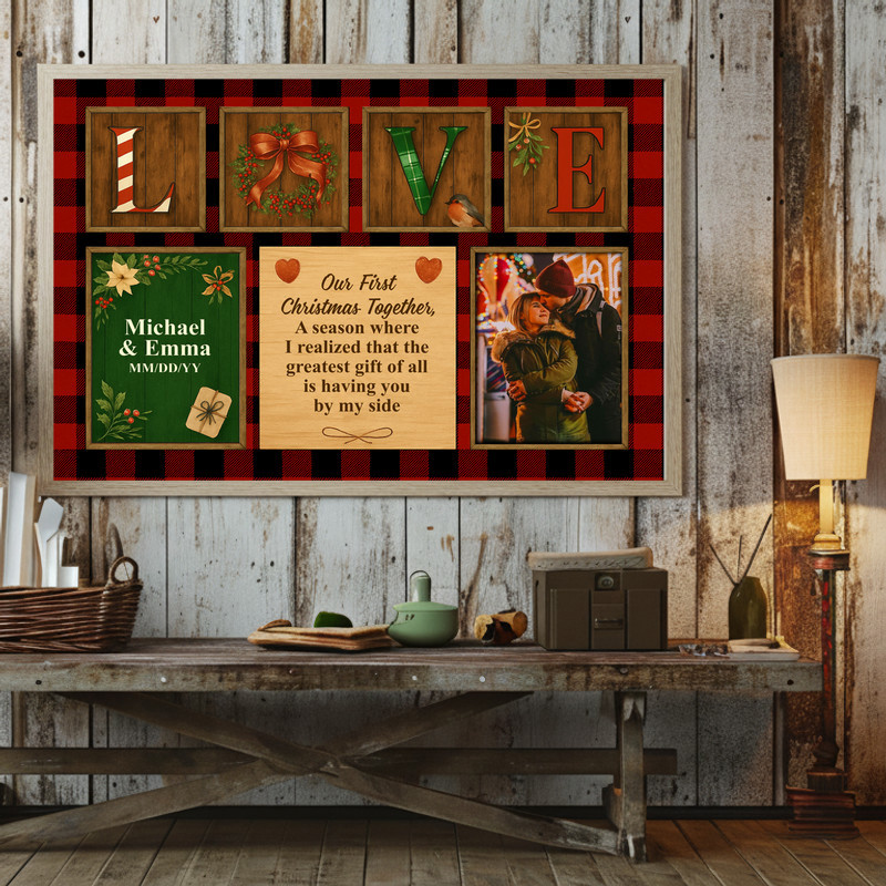 Personalized Plaid Canvas - Newlywed First Christmas Keepsake