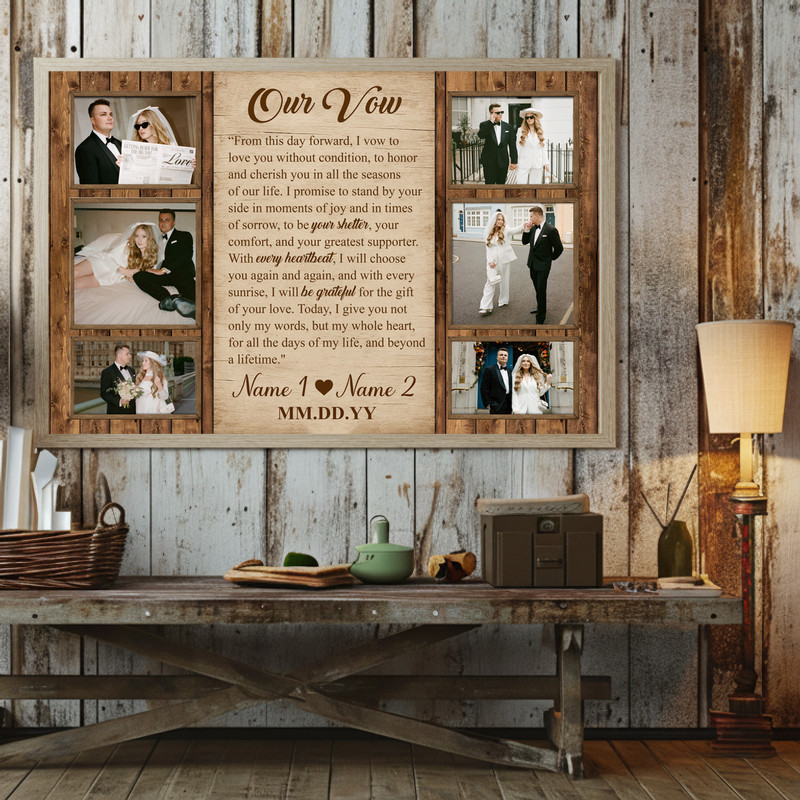 our vow canvas wall art photo collage with custom vows, names and date, 2 large photos, rustic wood texture, portrait our vow canvas wall art photo collage with custom vows, names and date, 2 large photos, rustic wood texture, portrait