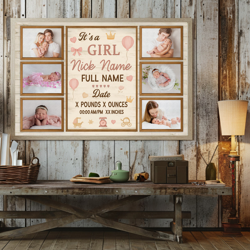Baby girl newborn photo collage canvas wall art, personalized milestones with name and dates; farmhouse nursery keepsake