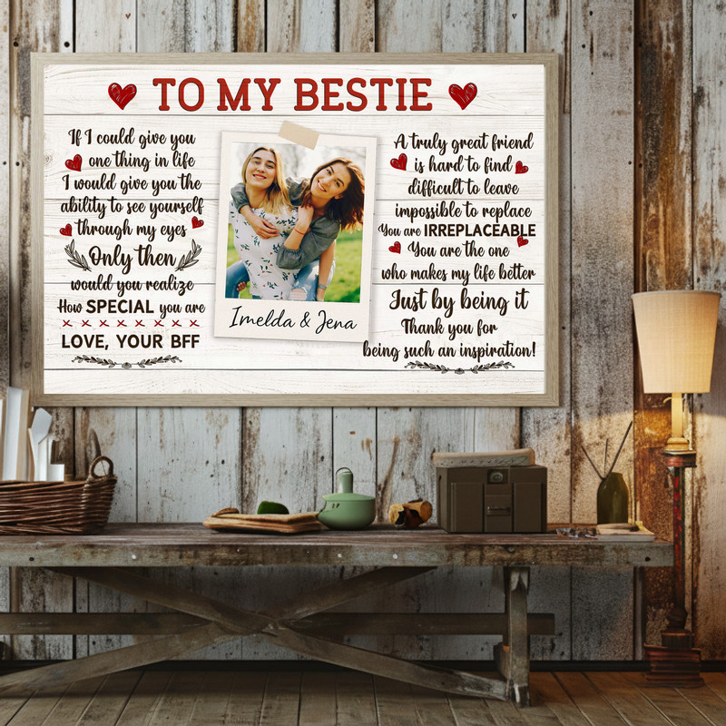Best friend canvas wall art, rustic farmhouse look personalized with your photo and quote, heart detail, for gallery wall Best friend canvas wall art, rustic farmhouse look personalized with your photo and quote, heart detail, for gallery wall