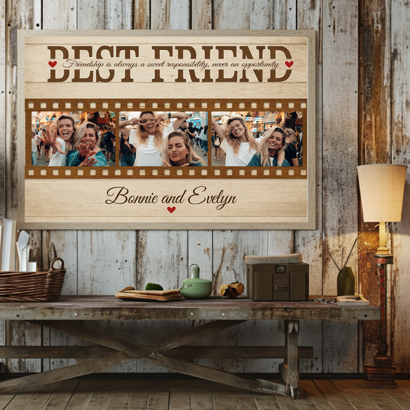 Personalized best friends photo collage canvas, farmhouse whitewash backdrop, custom photos and names, roommate gift