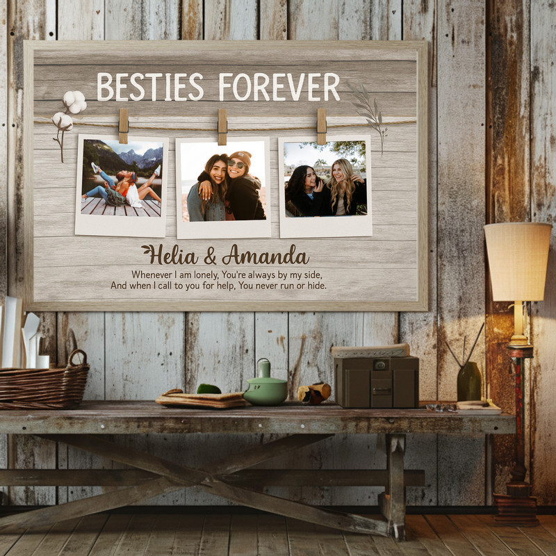Bestie canvas wall art with rustic farmhouse Polaroid collage, personalized with names and photos, Galentine's Day gift