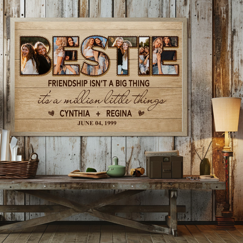 Friendship photo collage canvas wall art in rustic farmhouse neutrals, personalized for besties, Christmas or birthday gift