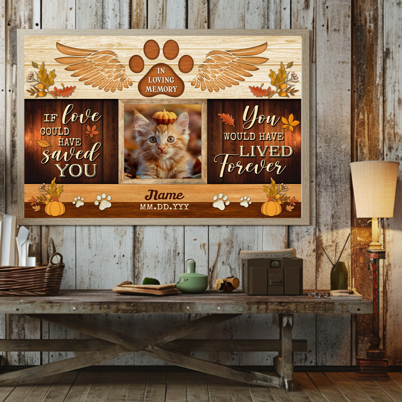 Cat memorial canvas wall art, gallery wrapped with autumn leaf wreath, custom photo, name, dates; farmhouse style