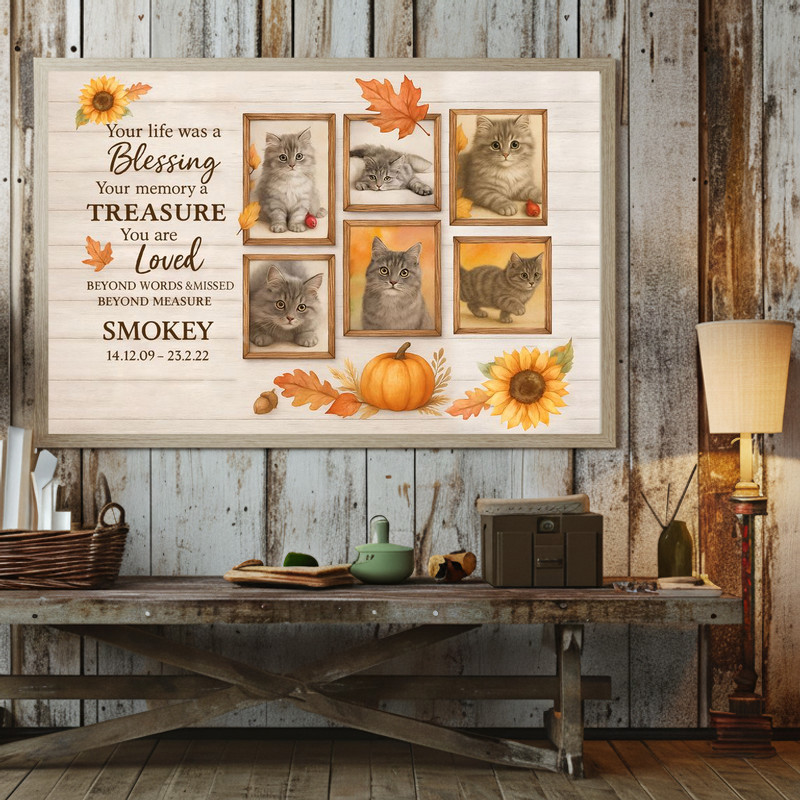 Fall Farmhouse Cat Tribute - Personalized Pet Loss Photo Canvas