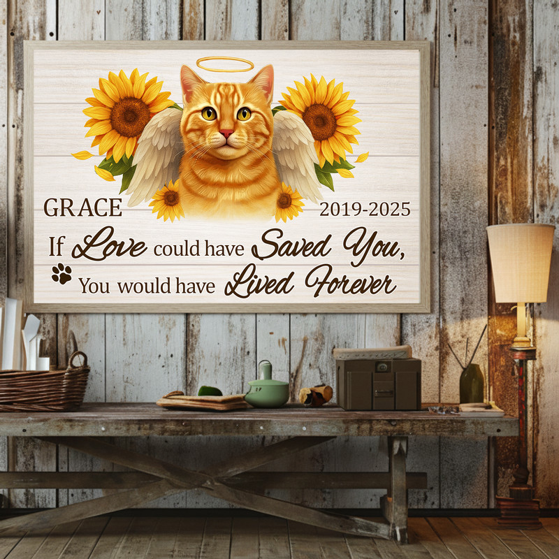 Cat memorial portrait canvas with farmhouse sunflowers, custom cat name and memorial dates, gallery-wrapped wall art for home