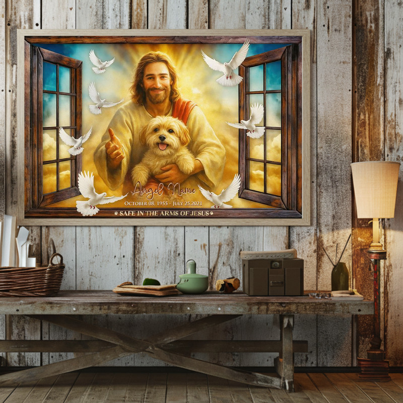 Dog memorial canvas wall art in shabby chic window frame with custom photo and 'Safe in the Arms of Jesus' bereavement gift