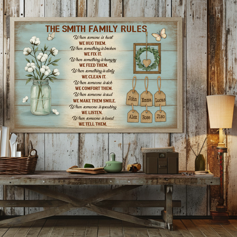 Rustic farmhouse family rules canvas wall art with personalized names, landscape, black text on white wood for foyer