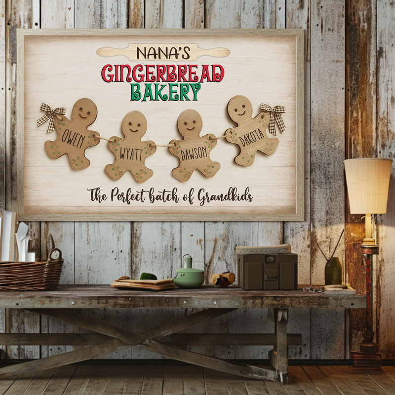 Gingerbread bakery Christmas landscape canvas wall art with grandkids names, candy cane border, classic mantel holiday decor