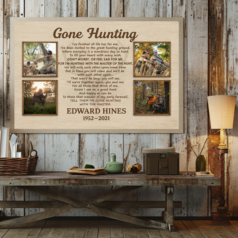 Gone Hunting memorial canvas wall art, portrait layout with barnwood backdrop, deer silhouette, personalized name and date