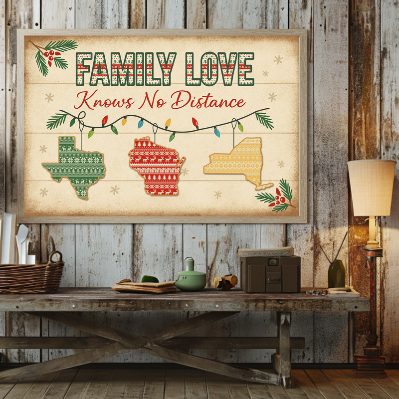 Long distance family Christmas canvas, rustic farmhouse wall art featuring connected hearts between locations, personalized names and dates
